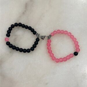 Pink & Black Beaded Heart Charm Couples Bracelet Set